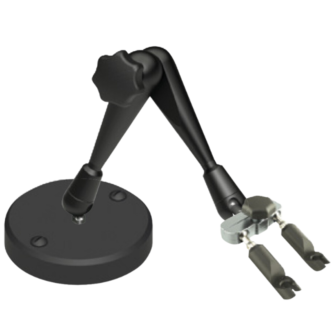 3D positioner with steel base, 200mm span width and Twin holder, ideal for positioning of a BumbleBee® or HORNET® series probe with spring loaded tips